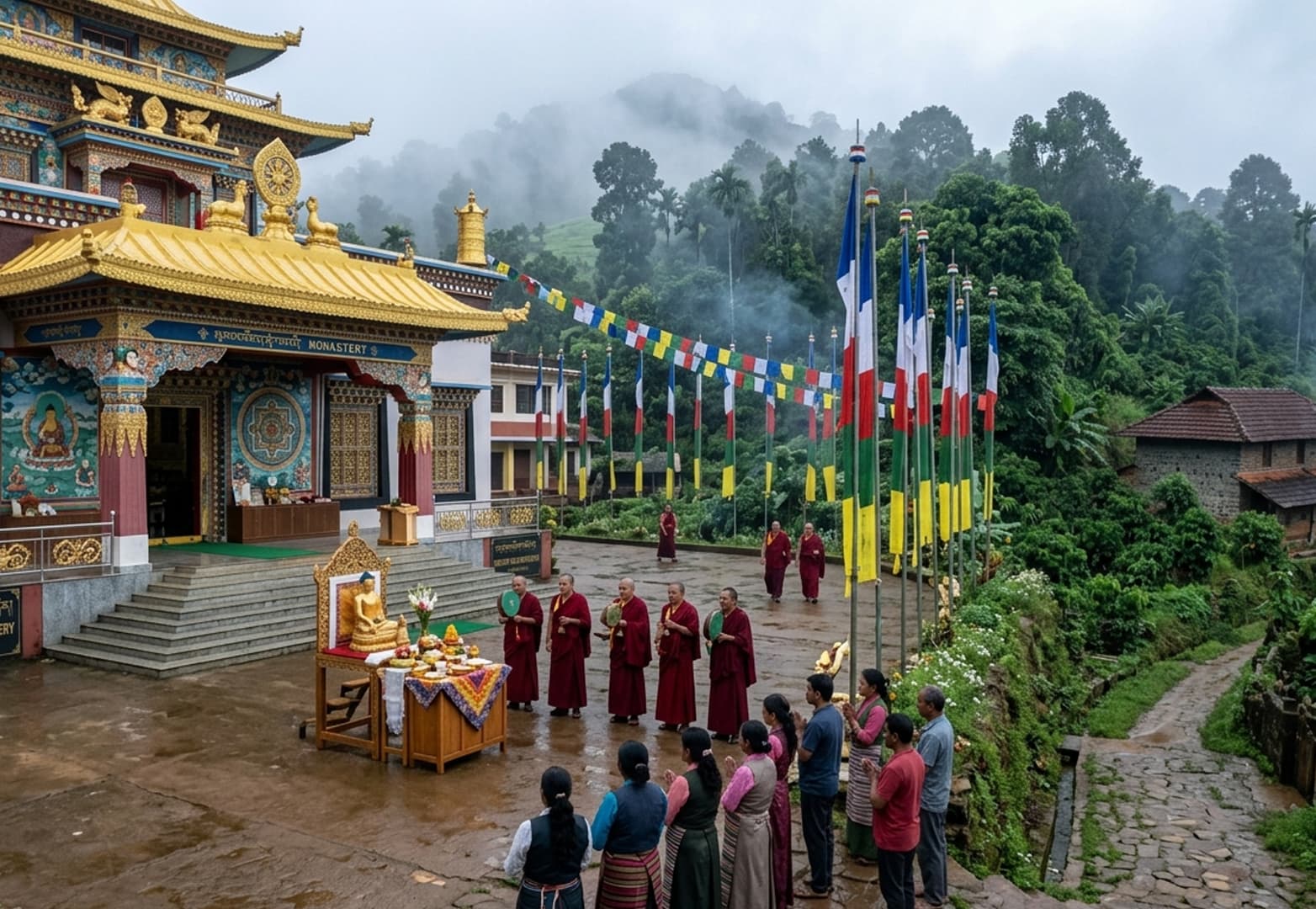 Bylakuppe, Coorg — Temple-adjacent Tibetan monastery ceremonies.