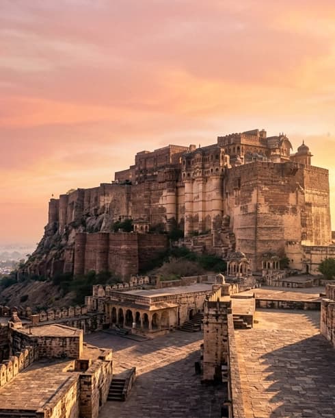A heritage state fort at sunrise, light catching the stone, no people in frame.