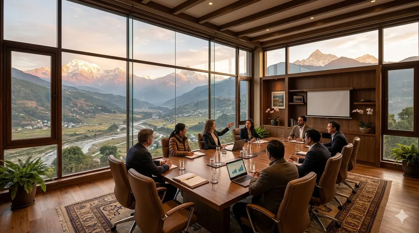 A boardroom with a Himalayan-valley view, morning light through tall windows.