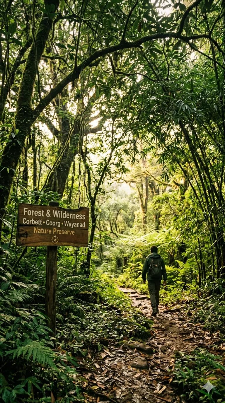 Forest & Wilderness — Corbett, Coorg, Wayanad — intimate, leaf-lit.