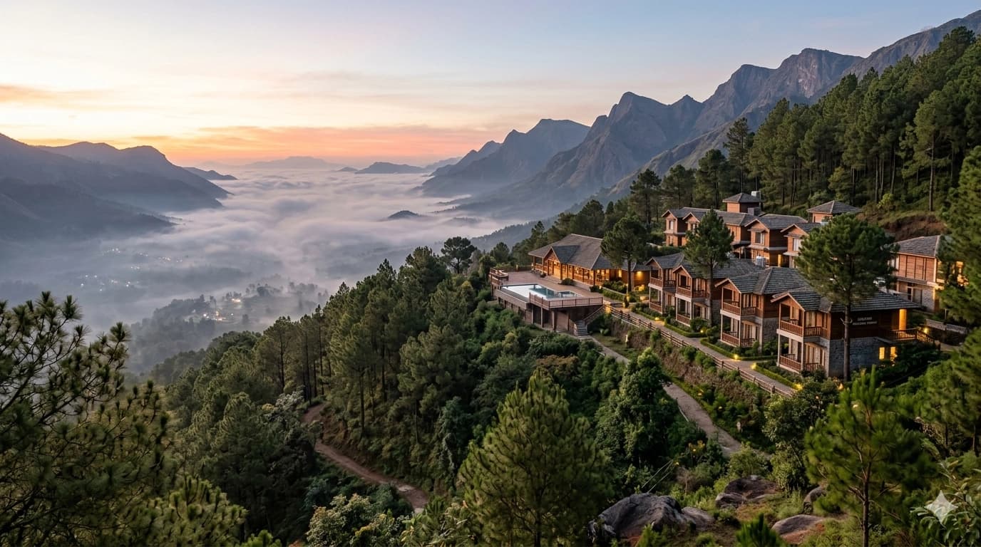 Pine-edged hillside resort at dawn, thin mist settling into the valley.