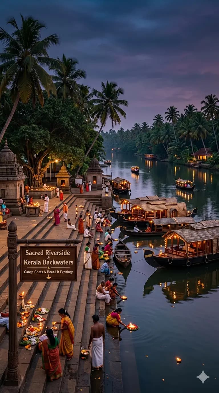 Riverside & Sacred — Ganga ghats, Kerala backwaters, boat-lit evenings.