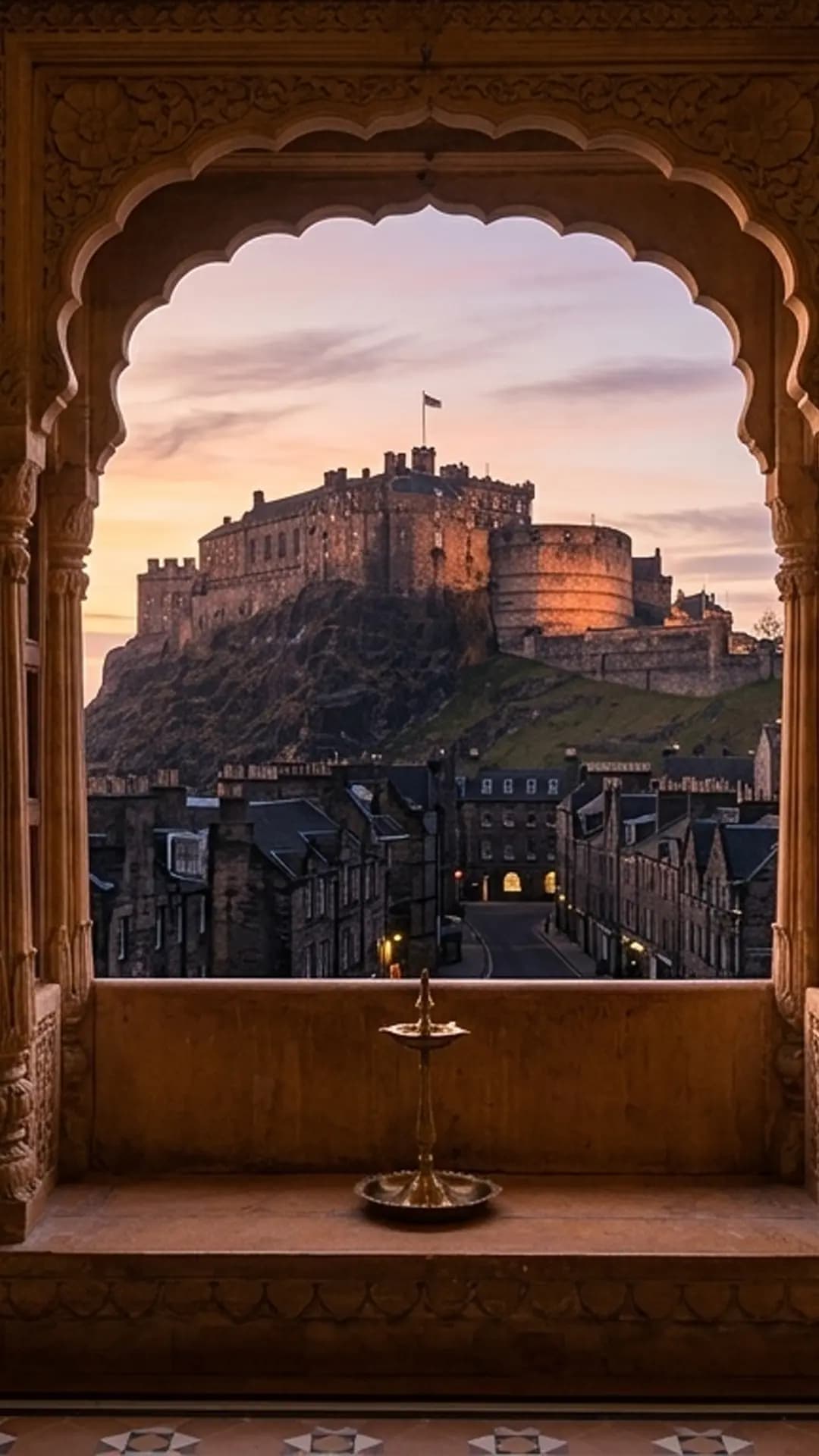 Edinburgh castle at dawn, composed through a heritage-room window in Rajasthan.