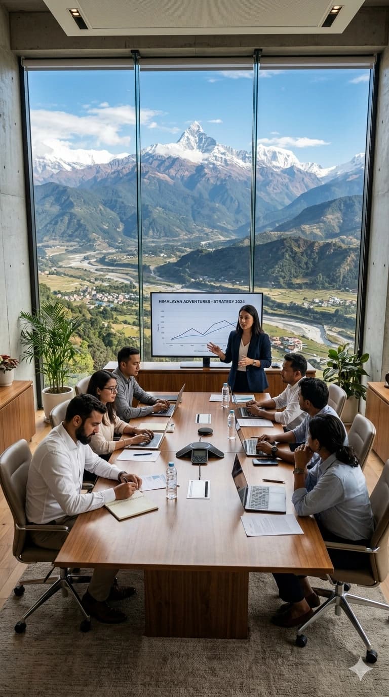 Boardroom with Himalayan valley view, team in working session.