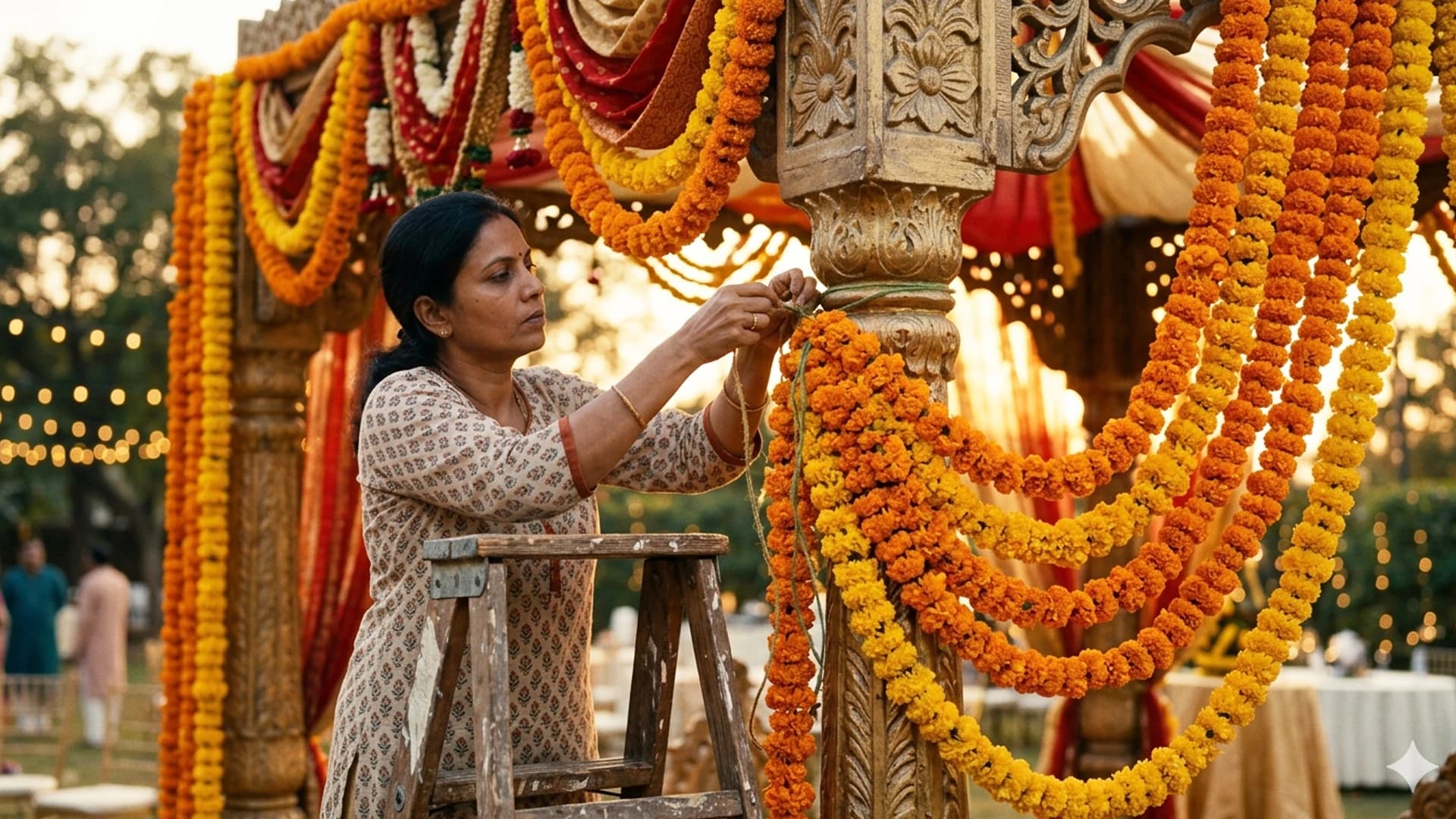 A decorator fastening marigold strings to a mandap frame, dusk light through garlands.