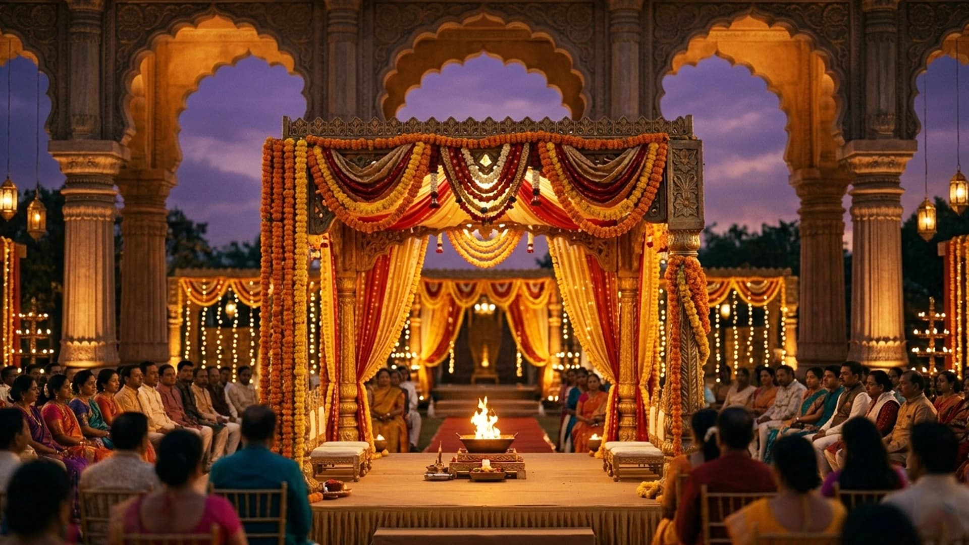 A mandap lit by dusk, guests seated, the venue architecture framing the ceremony.