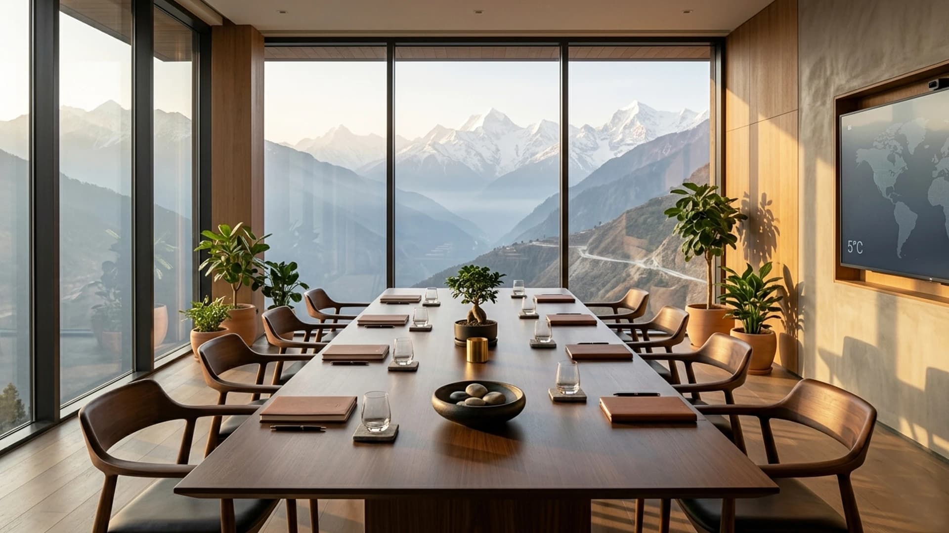 A meeting room with a Himalayan view, table set, natural morning light.