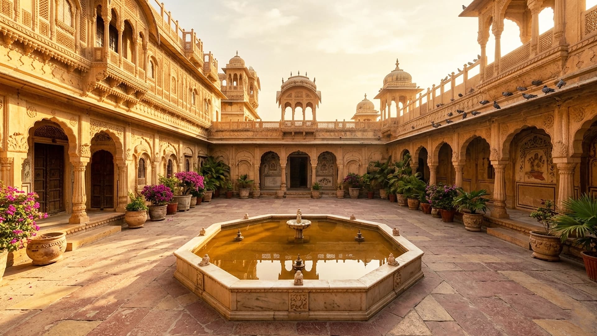 A palace courtyard in Rajasthan, sandstone warming at late afternoon.