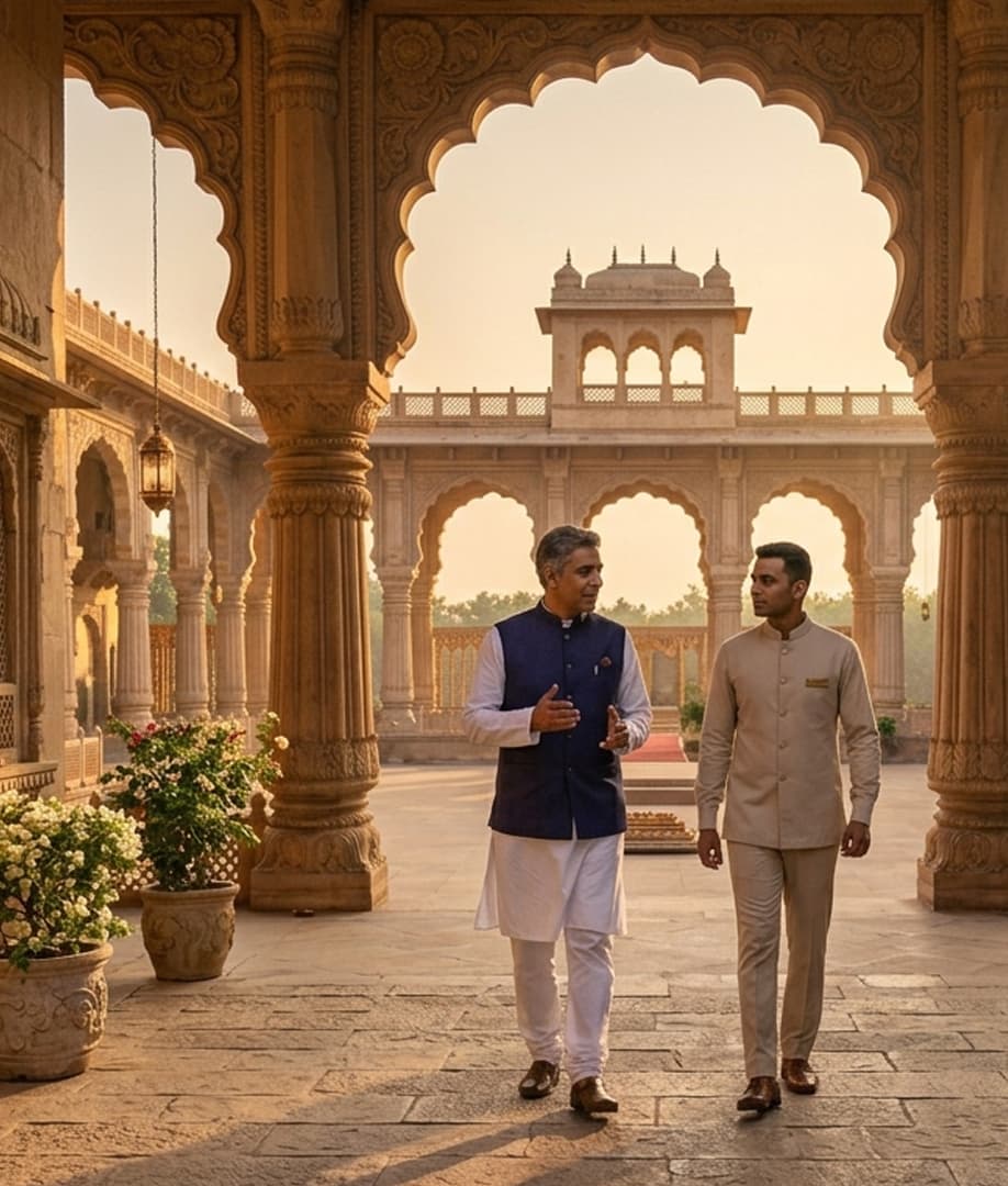 A hotelier and a VIVAHA team member walking a heritage courtyard at morning.