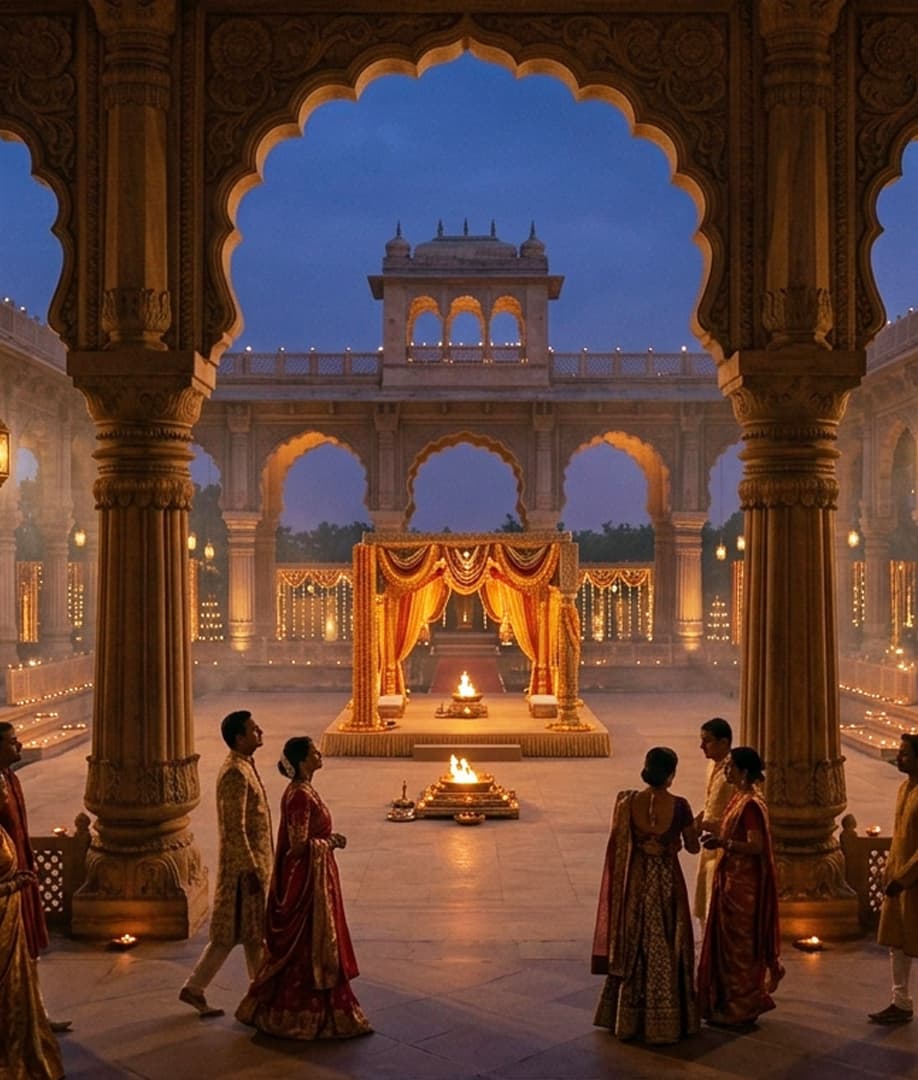 A heritage resort's lit courtyard, ceremonial mandap framed by archways.