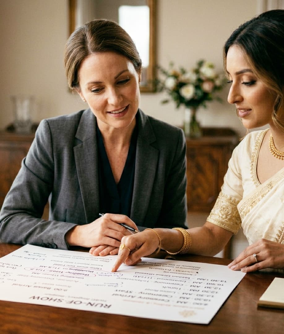 A production team at sunset, rigging lights on a garden wedding set.