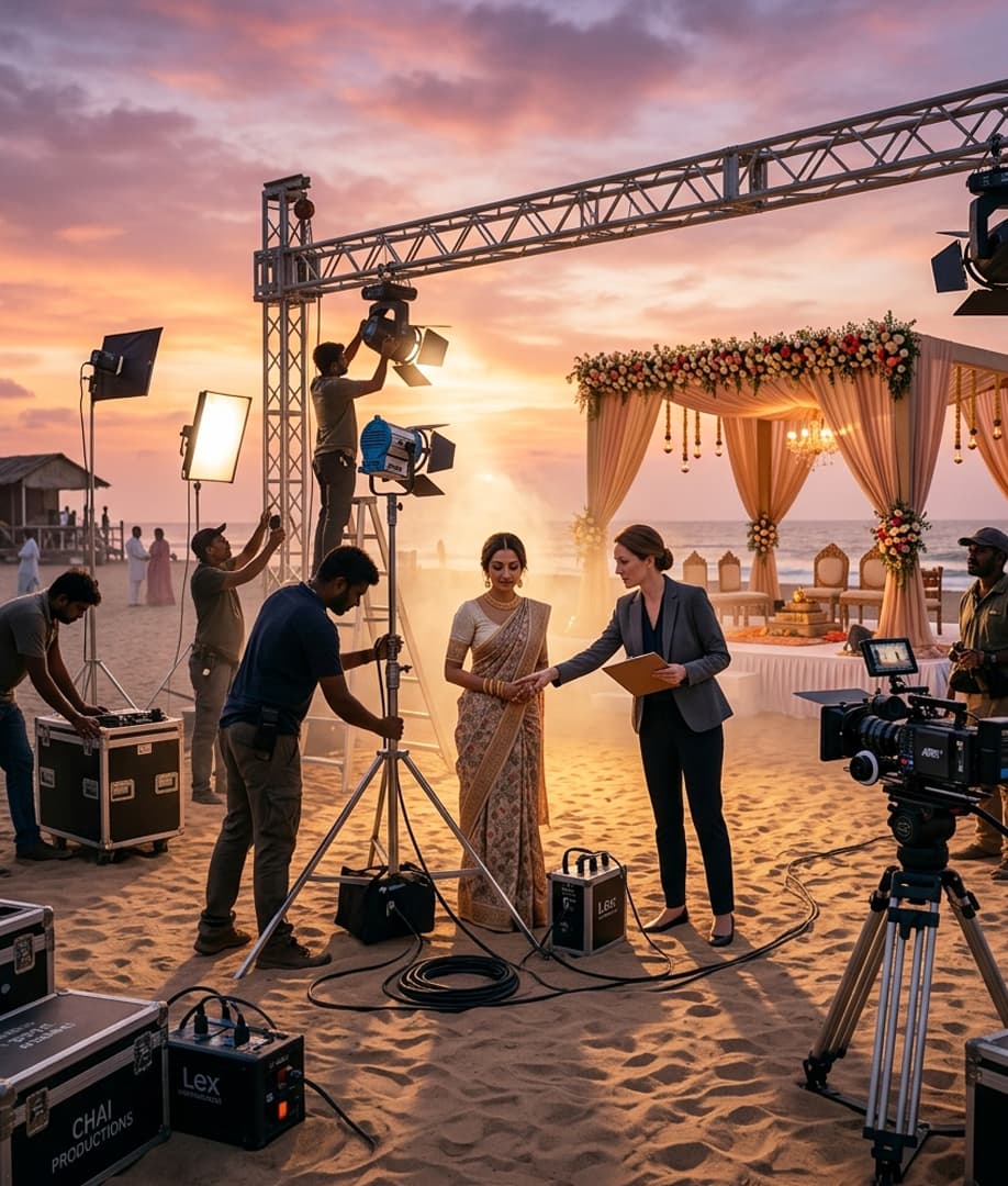 Production team at a destination wedding set, lighting the final rig at sunset.