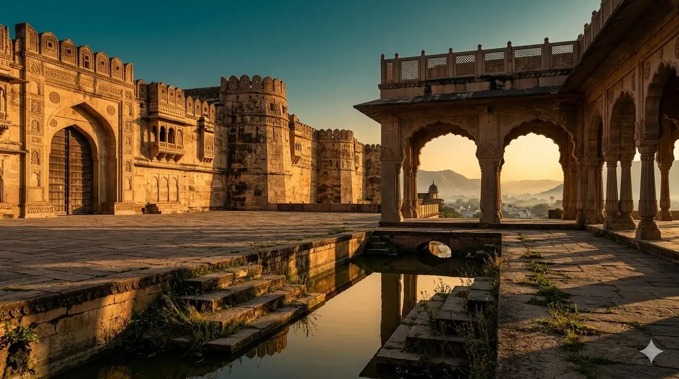 A heritage state fort at sunrise, the light catching the sandstone.